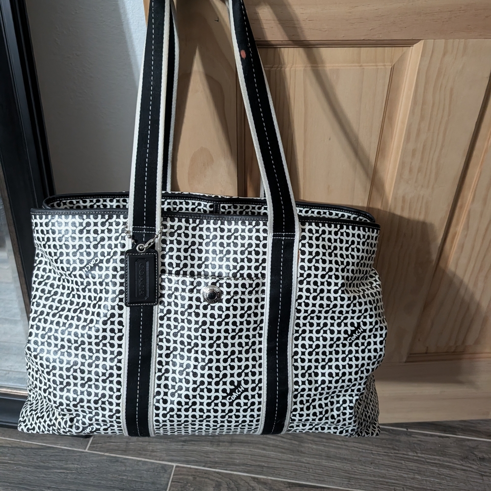 Coach Black & White Signature Canvas Tote with Dual Straps 13 Depth 21 Length
